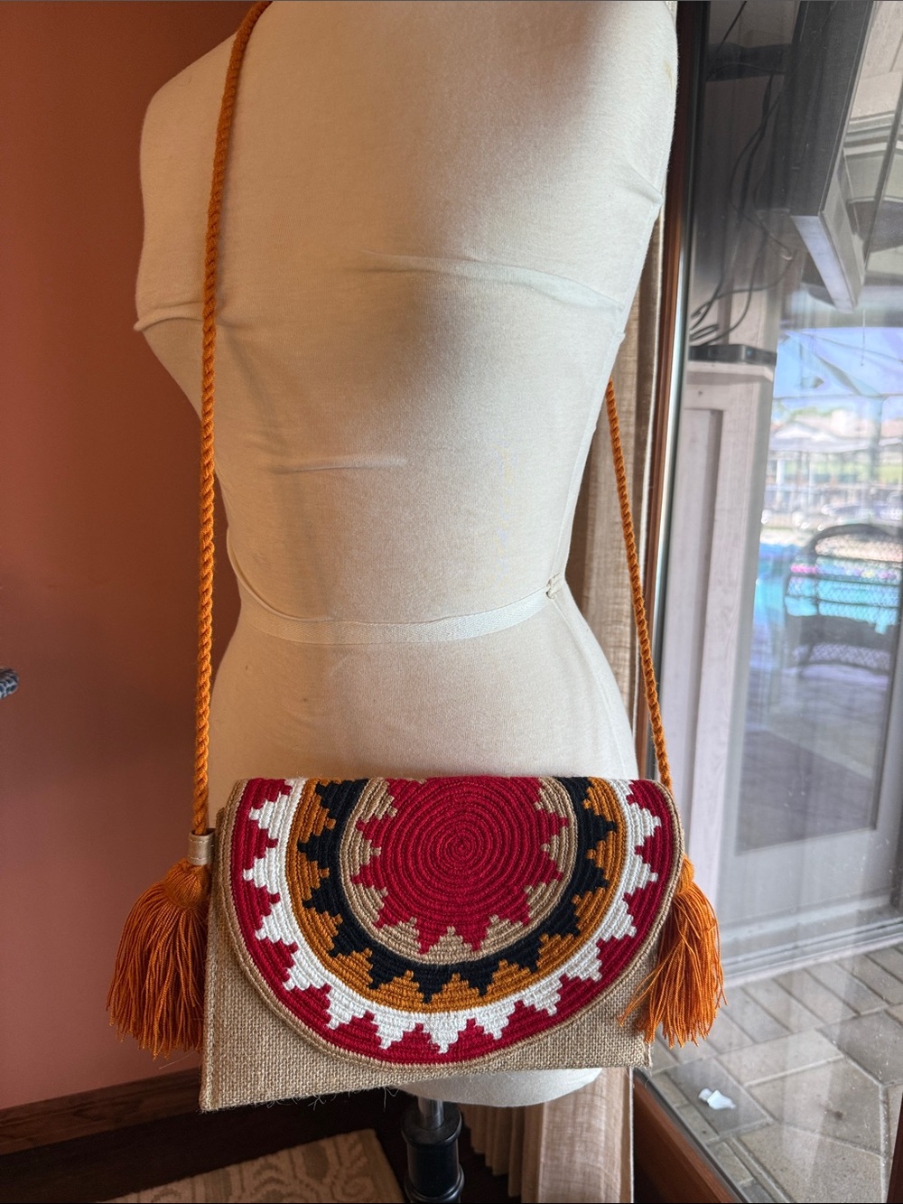 Boho Woven Crossbody Bag in Red and Orange